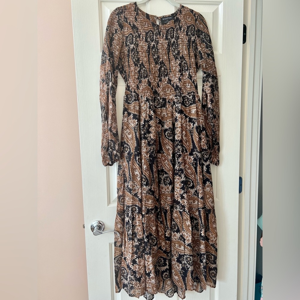 MINKPINK brown paisley midi dress size L